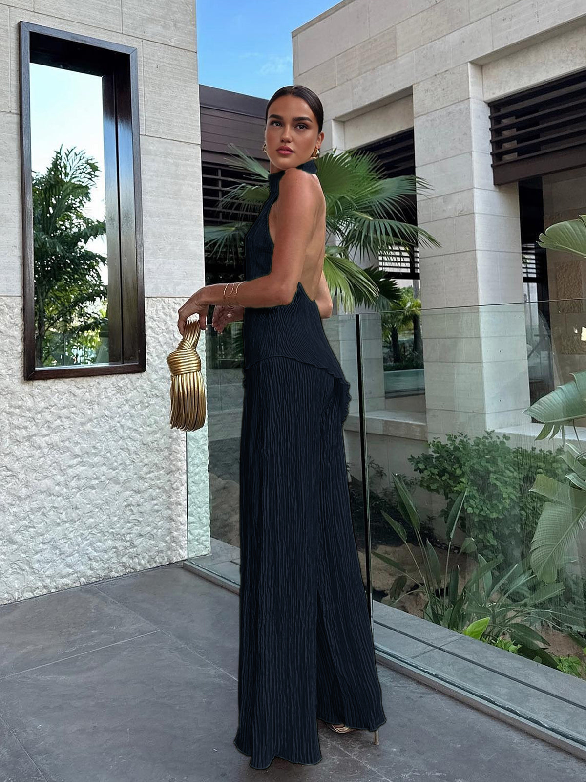 Maxct Asymmetric Halter Crop Top With Wide Leg Pants Set