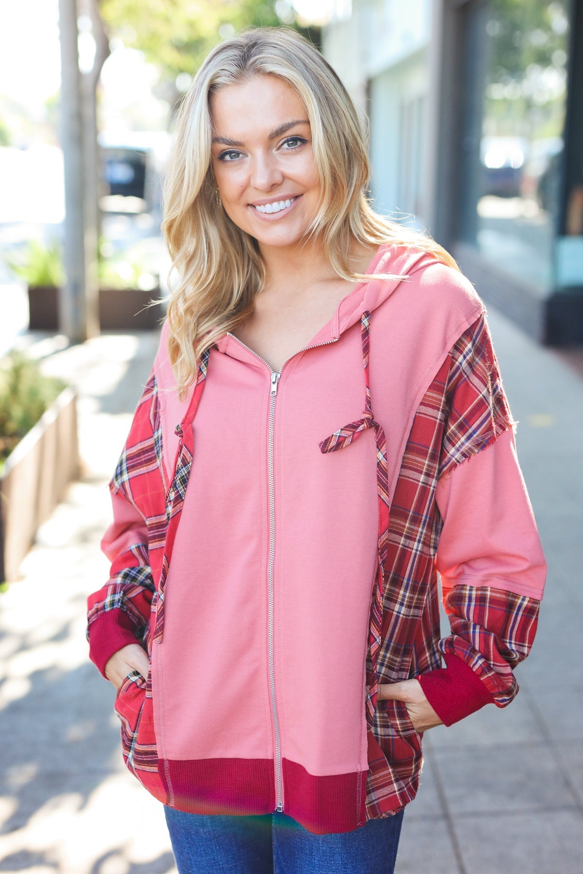 Maxct &Adorable in Marsala Plaid Color Block Zipper French Terry Hoodie
