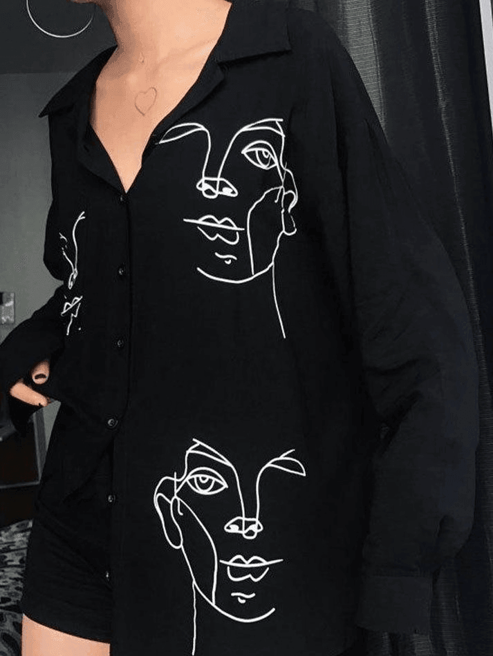 Maxct Abstract Face Print Long Sleeve Blouse