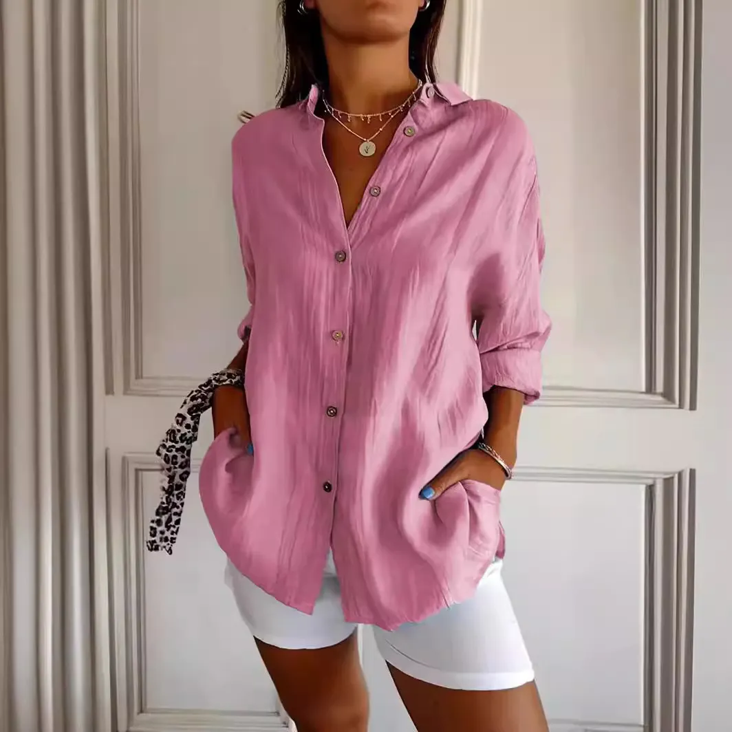 Maxct fashion outfits 2024 Single-Breasted Pleated Lapel Shirt Women's Solid Color Sleeve Top
