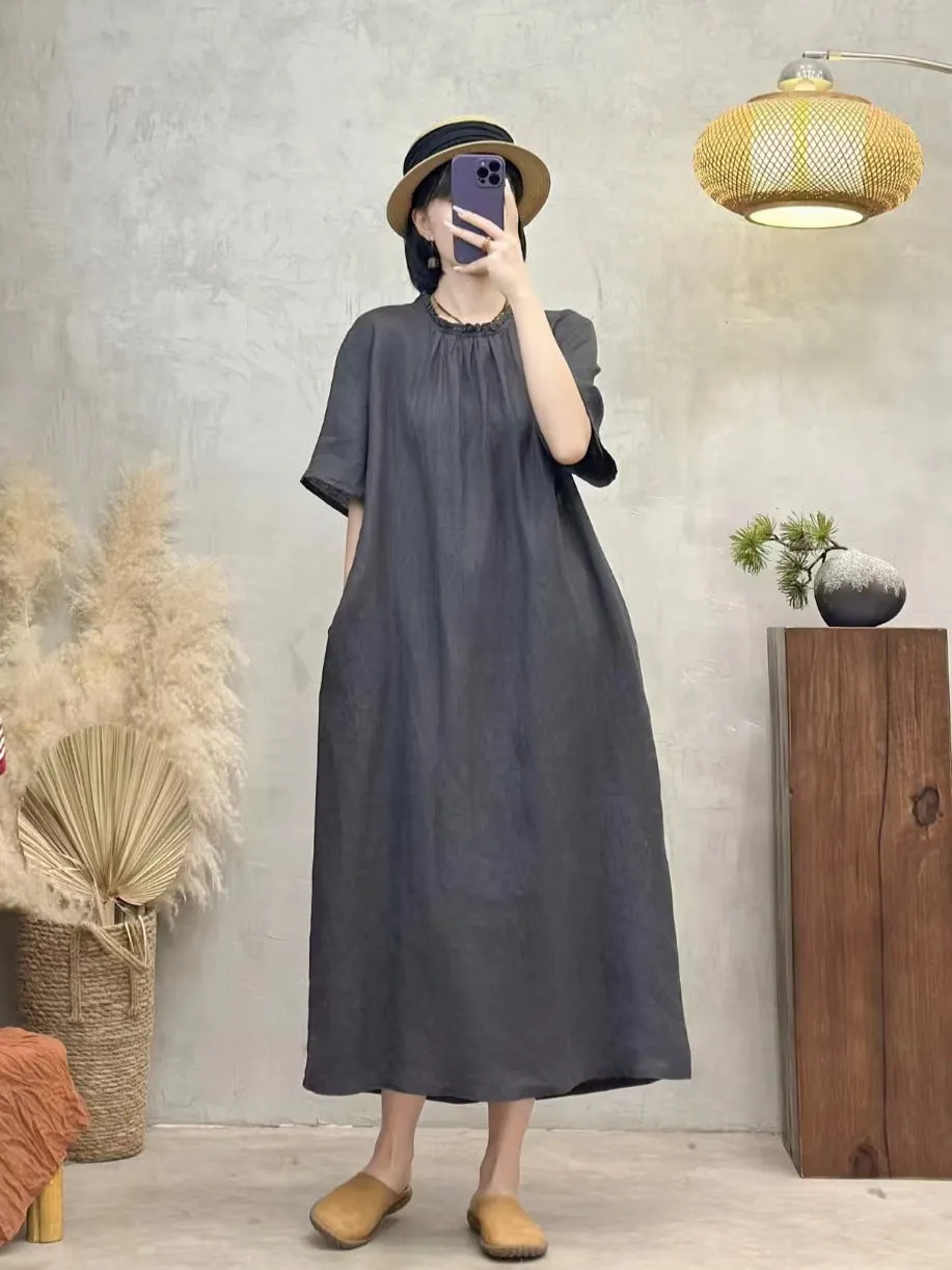 Maxct Retro Linen Ruffle Lapel Lace-Up Short Sleeves Dress