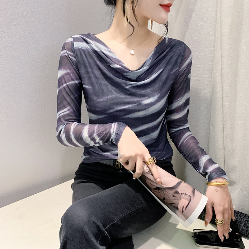 Maxct Spring Summer Double-Layer Mesh Top Long Sleeve Printing T-shirt Woman Slim Fitting Tee For Female