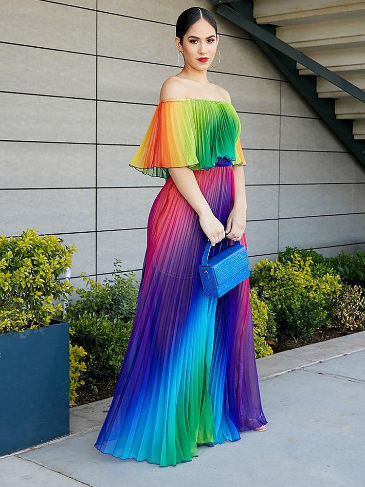 Off Shoulder Colorful Ombre Pleated Maxi Dress Maxct