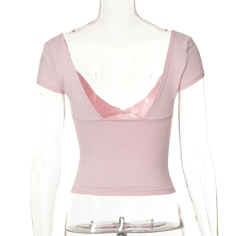 Summer Sexy T Shirt Tops for Women Clothes Stretch Slim Tees Shirt Femme V Neck Long Sleeve T-shirts Streetwea