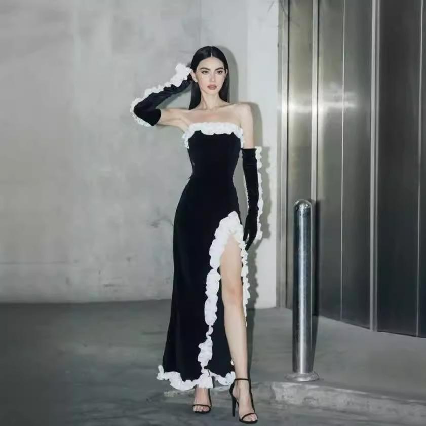 Maxct European And American-style Women's Clothing White Wood-ear Edge Bandage Dress High-class French Nightclub Party Evening Dress Burst