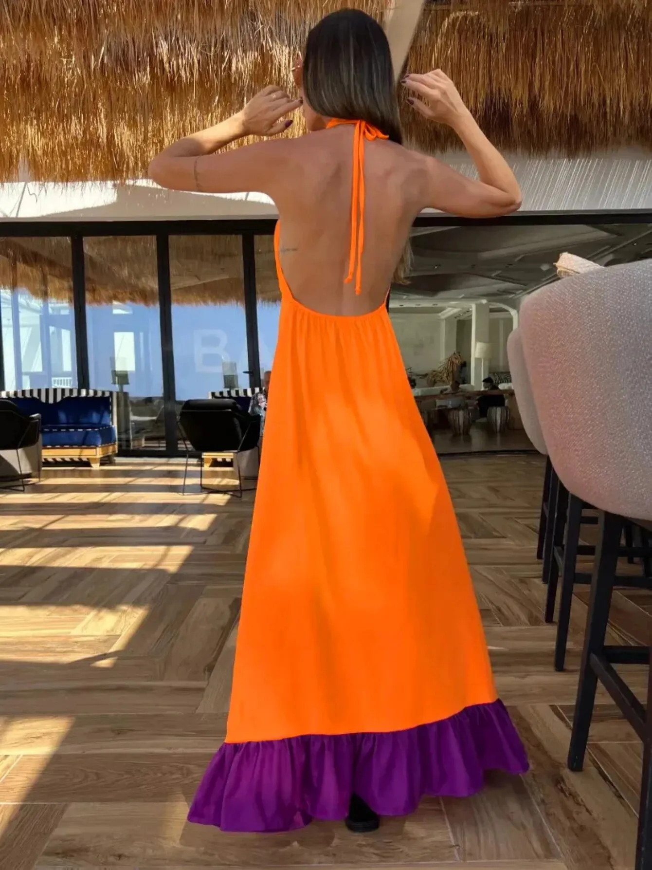 Maxct New Elegant Women Maxi Dress Halter Sleeveless Backless Casual Loose Robe Summer Beach Holiday Tie Up Dress