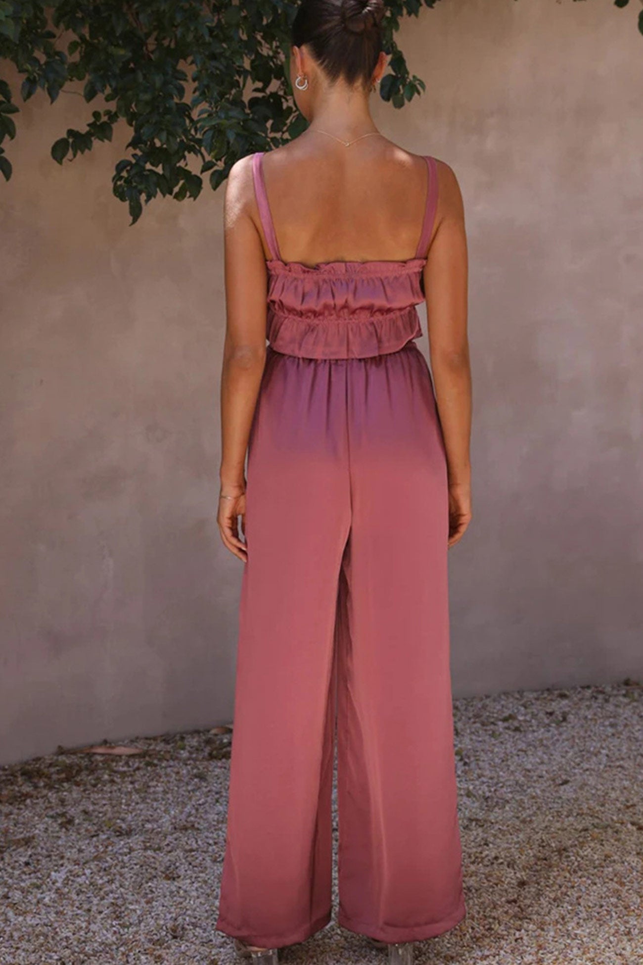 Maxct Smocked Ruffle Cami Crop Top Wide Leg Long Pants Set