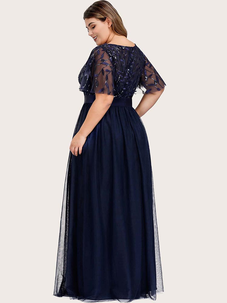 Leaf Sequin Bodice Mesh Party Dress Maxct