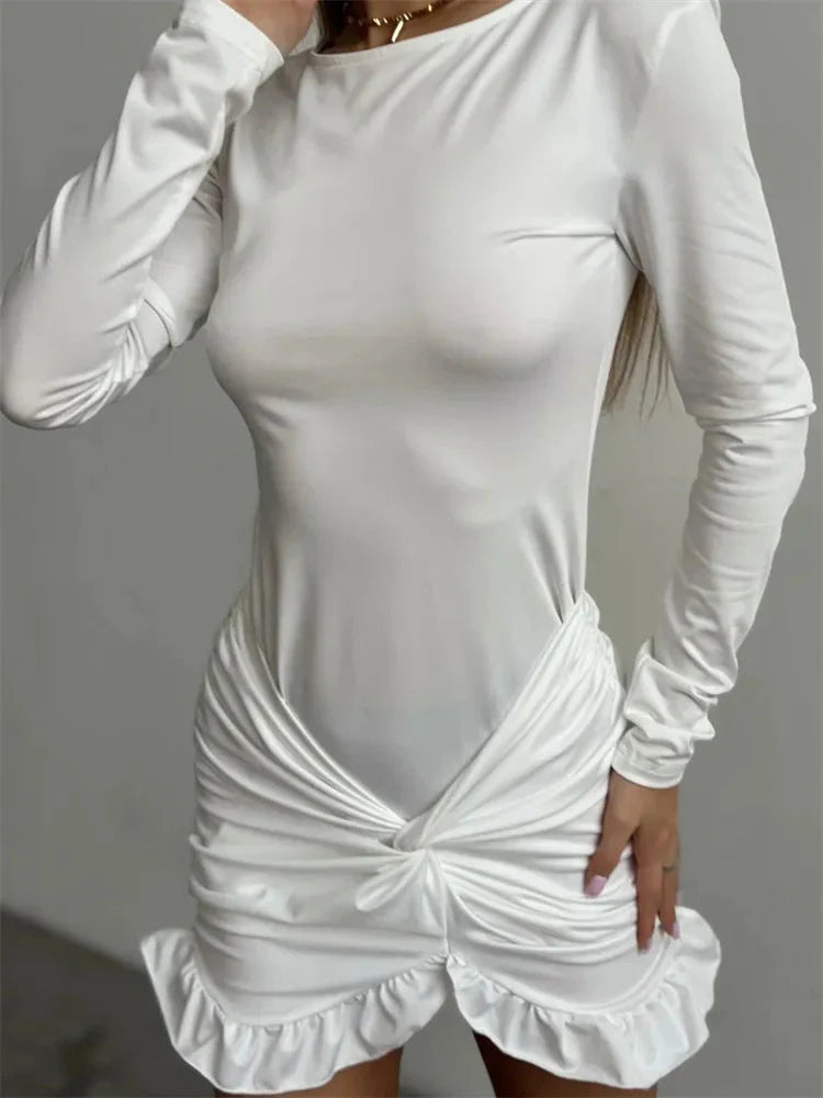 Ruffled Twist Skinny MIni Dress Long Sleeve Patchwork High Waist Party Dress FeY2k Bodycon Dress Maxct