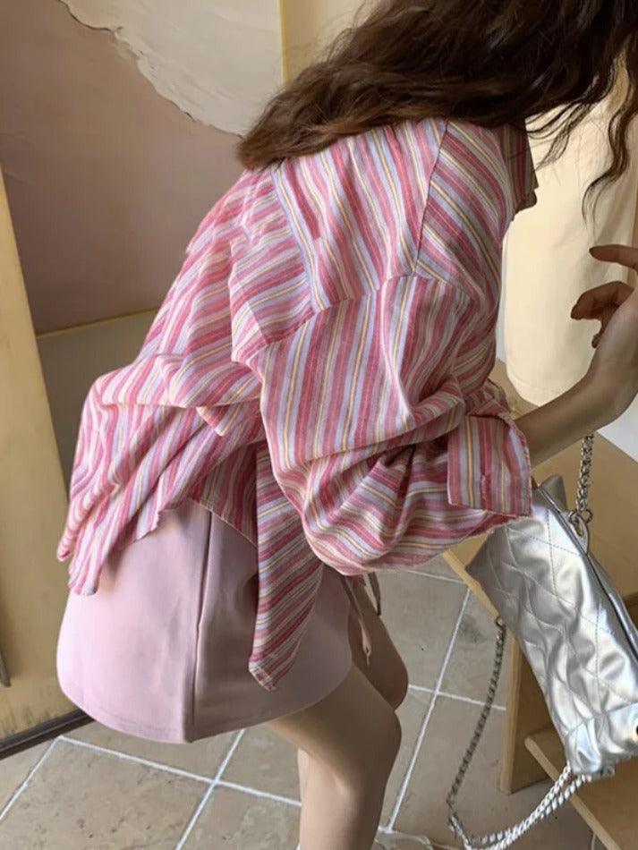 Maxct Contrast Color Striped Long Sleeve Blouse
