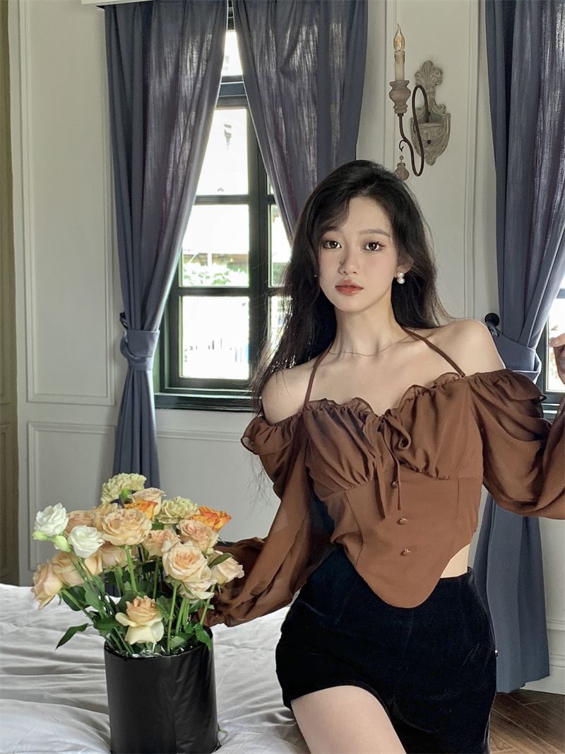 Shirts Blouses Spring Autumn Halter Off Shoulder Ruffles Patchwork Blusa Feminina Vintage Elegant Sexy Camisas De Mujer