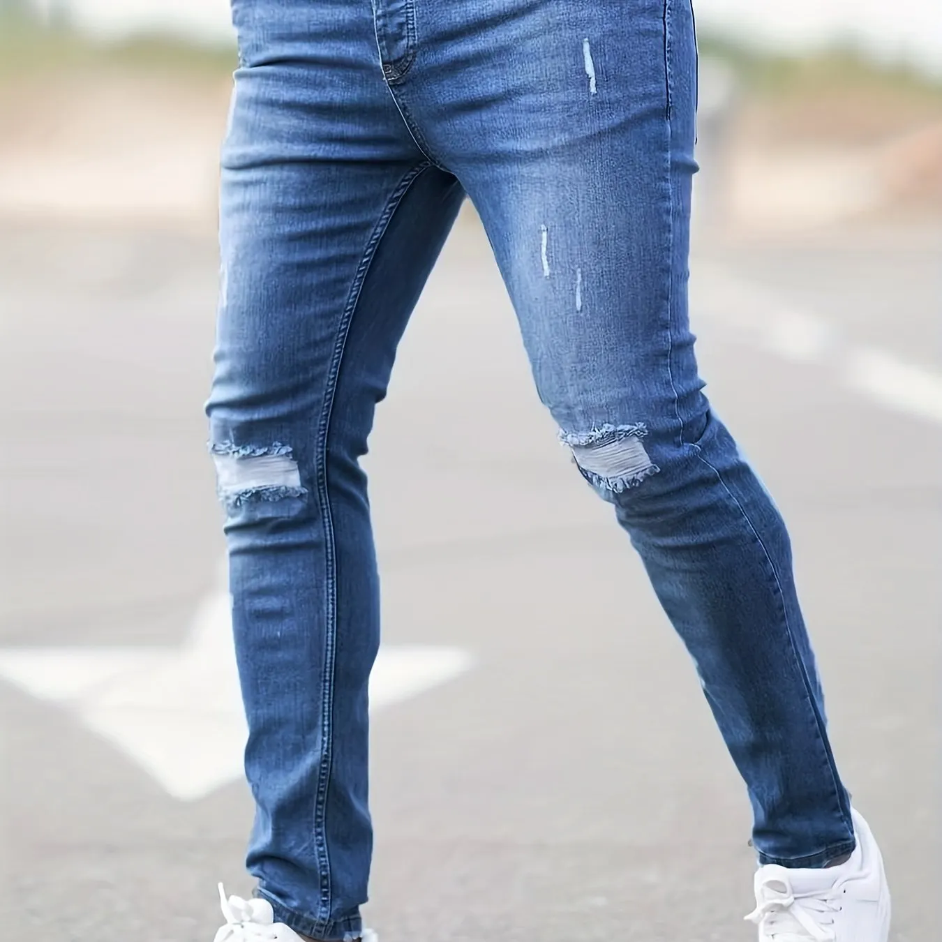 Maxct  Slim Fit Ripped Jeans, Men's Casual Street Style Distressed Mid Stretch Denim Pants For Spring Summer