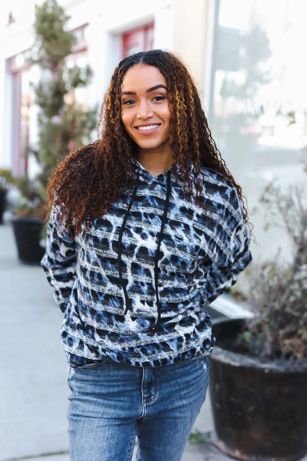 Maxct &Casual Chic Blue & Black Animal Print Stripe Hoodie