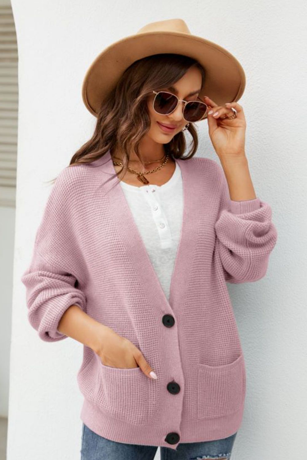 Maxct &Waffle-Knit Dropped Shoulder Cardigan