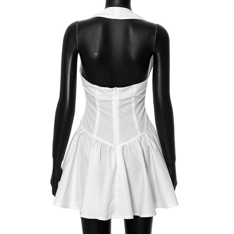 Maxct Frill Mini Halter Dress For Women Splice Sexy Backless A-Line Hem Lace Up High Waisted Female Beach Black Bodycon Dress