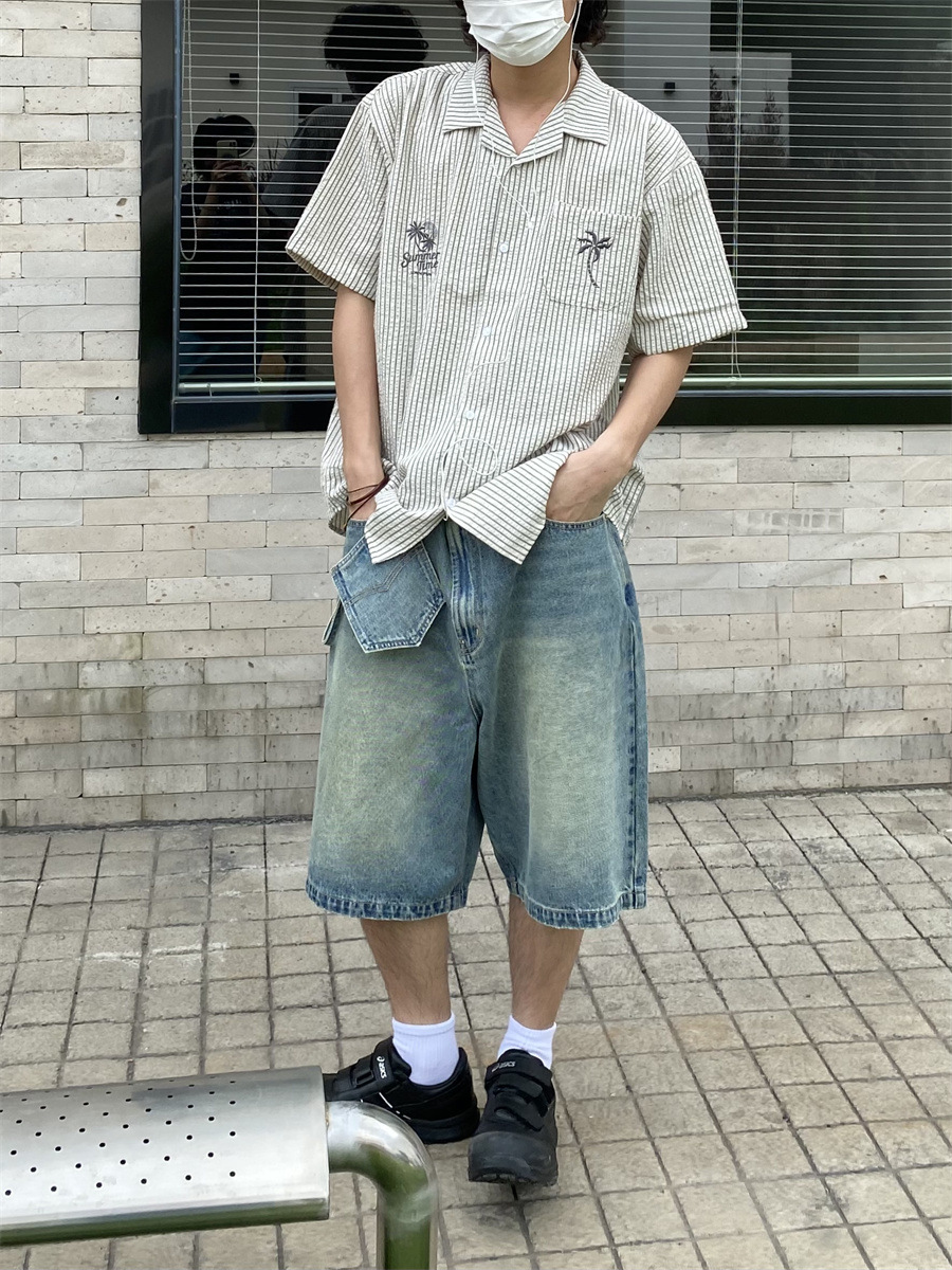 90s Streetwear American Style Retro Coconut Tree Embroidered Cuban Collar Striped Short Sleeve Shirt Men's Summer New Lapel Loose Casual Shirt