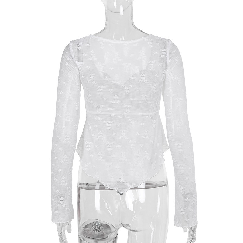 Sexy White Lace Bows Long Sleeve T-Shirt Top For Women Summer New See Through Hot Girl Slim Fit Long Sleeved Top Pullover