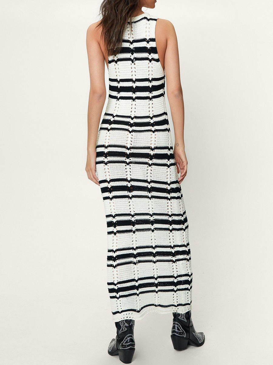 Maxct Women's Casual Long Dress O-Neck Sleeveless Contrast Color Striped Knitted Summer Slim Fit Holiday Beach Dresses