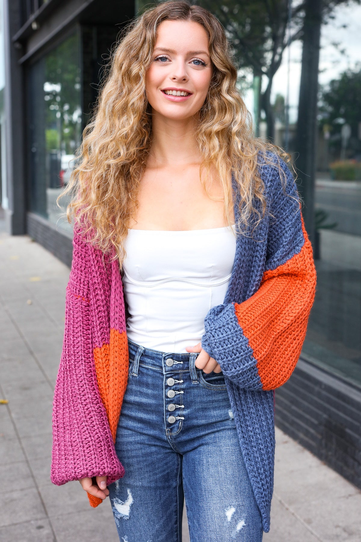 Maxct &Dazzle In Magenta & Navy Chunky Knit Color Block Cardigan