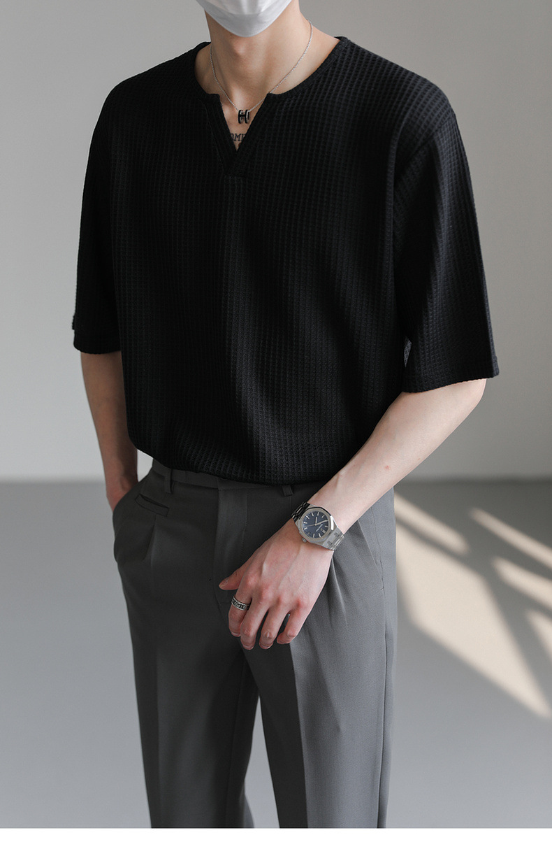 90s Streetwear Summer New Korean Style Loose Small V-neck Short-sleeved T-shirt Men's Fashion Brand Wafflet High-end Sense Half-sleeved T-shirt Top