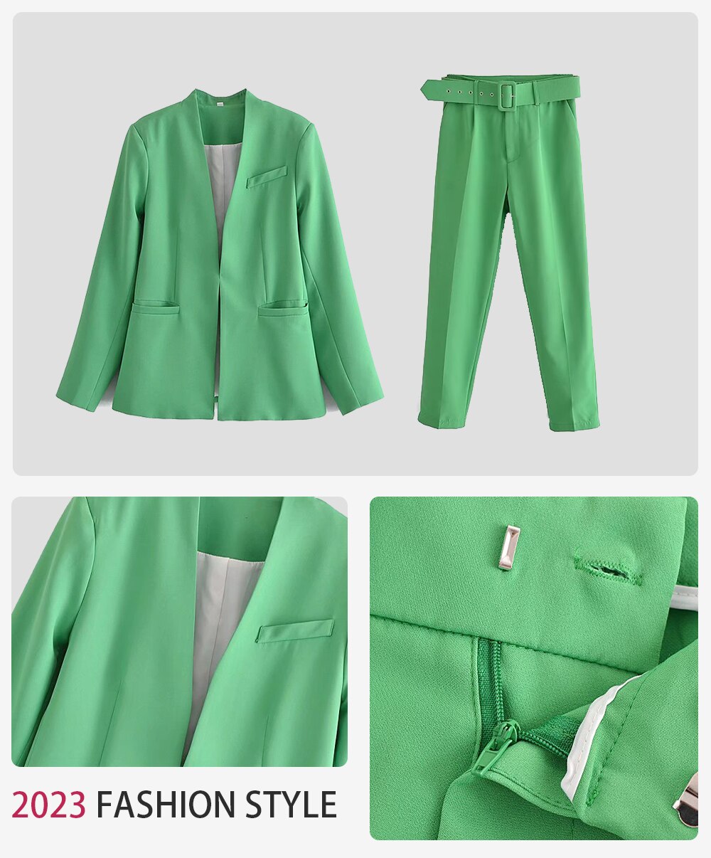 2024 Women Fashion Two Pieces Sets Office Wear Blazers Coat And With Belt High Waist Pants Female