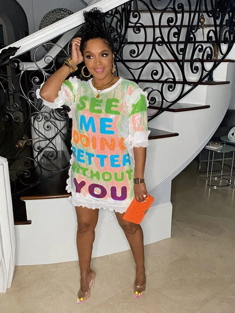 Sequin Colorful Letter Print Dress Maxct