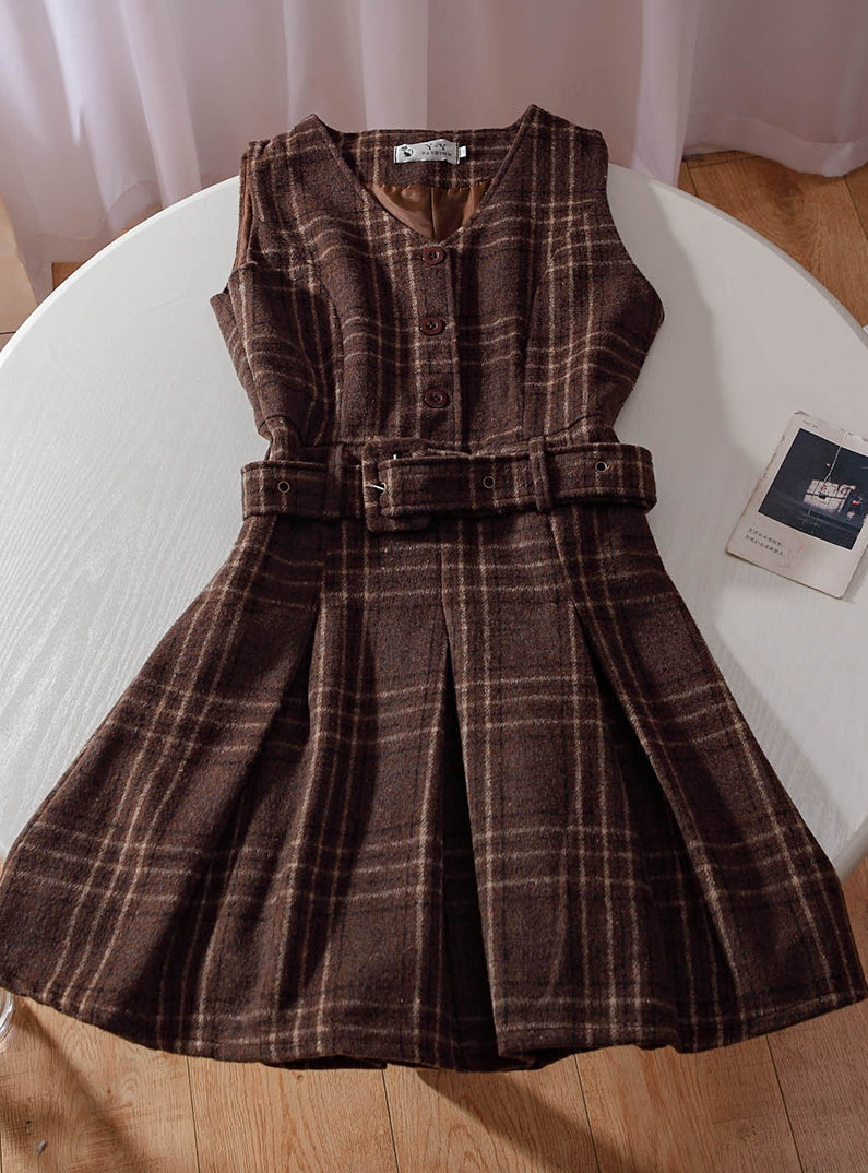 Coffee Plaid Pinafore Dress / Blouse Maxct
