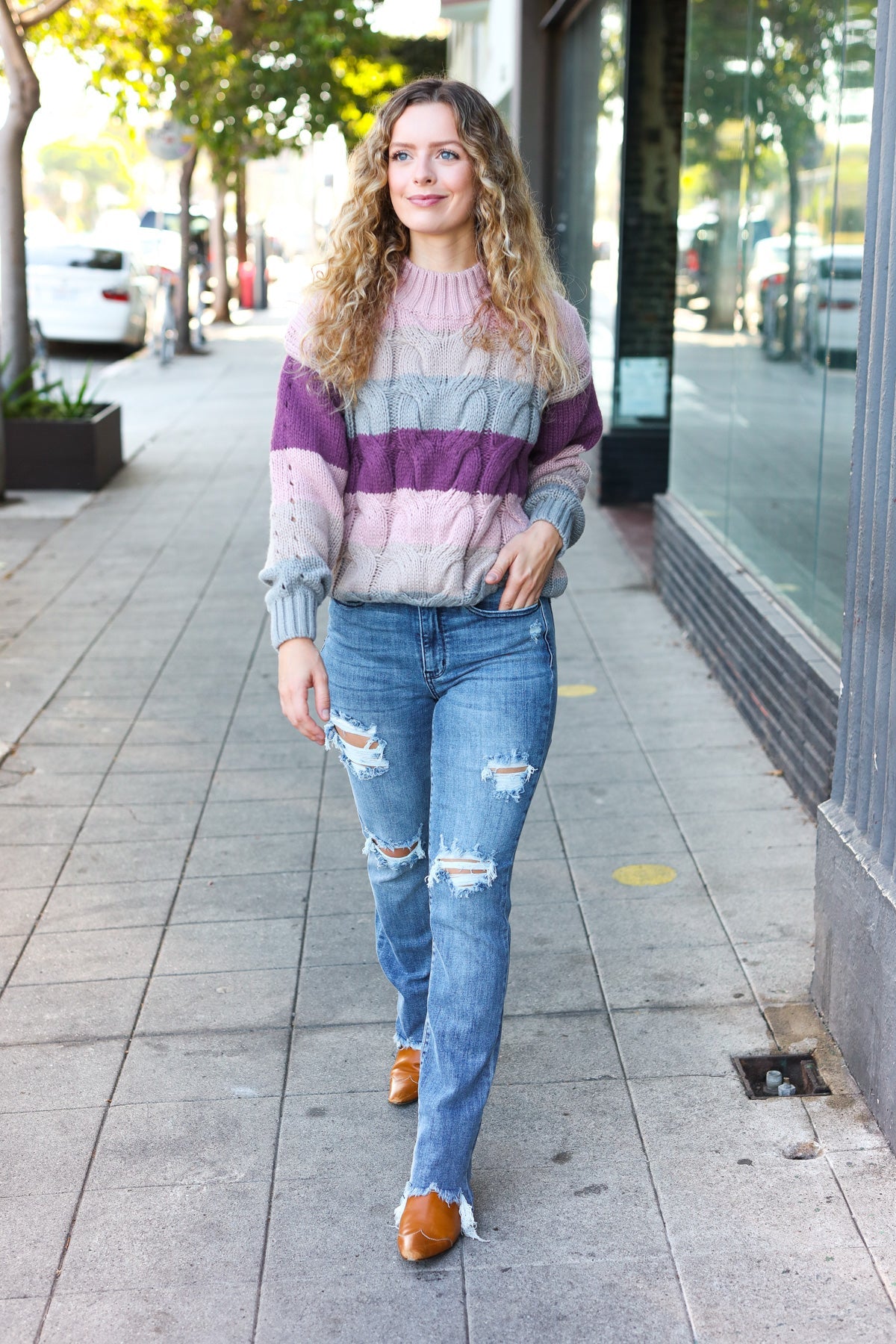 Maxct &Fall For You Mauve Multicolor Stripe Cable Knit Mock Neck Sweater