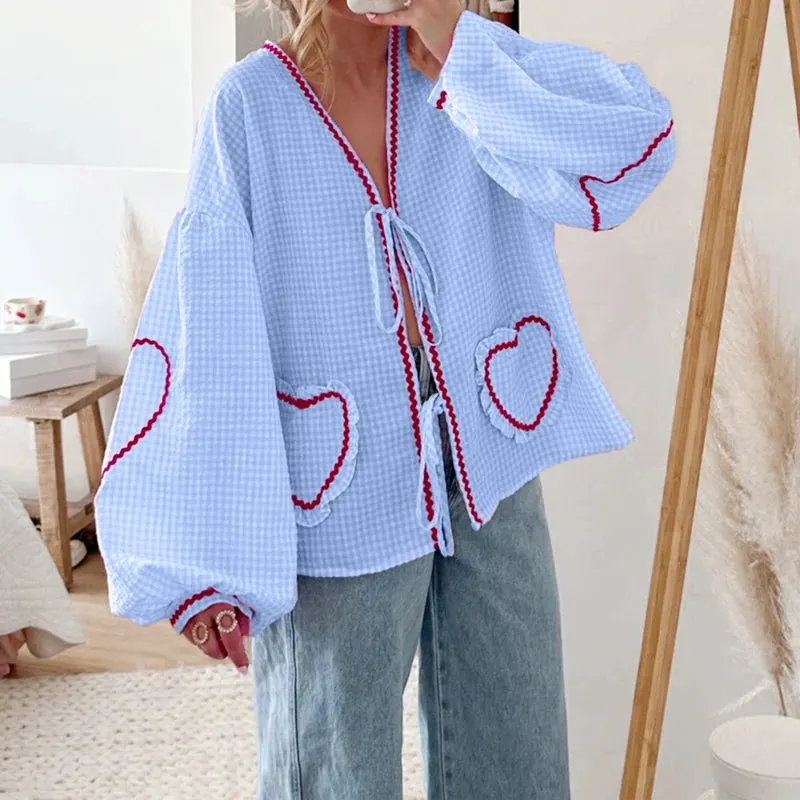 Maxct Y2K Vintage Long Sleeve T-shirts Heart Patched Plaid Front Bowknot Tie-Up Blouses Women Fashion Elegant Casual Loose Fit Tops