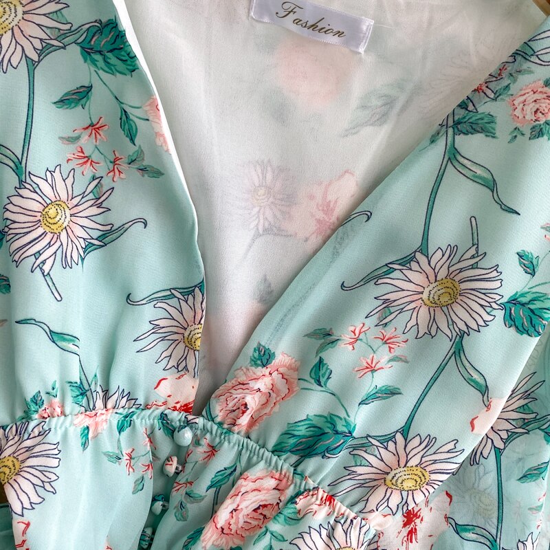 Women's Green/Purple/Beige Floral Chiffon Dress Bohemian V-Neck Lantern Long Sleeve High Waist Ruffle Vestidos Female New