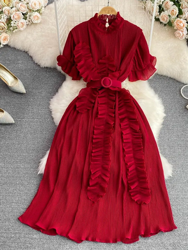Maxct Women Pleated Midi Dress Purple/Red/White Stand Collar Short Flare Sleeve High Waist A-Line Ruffle Party Vestidos Female