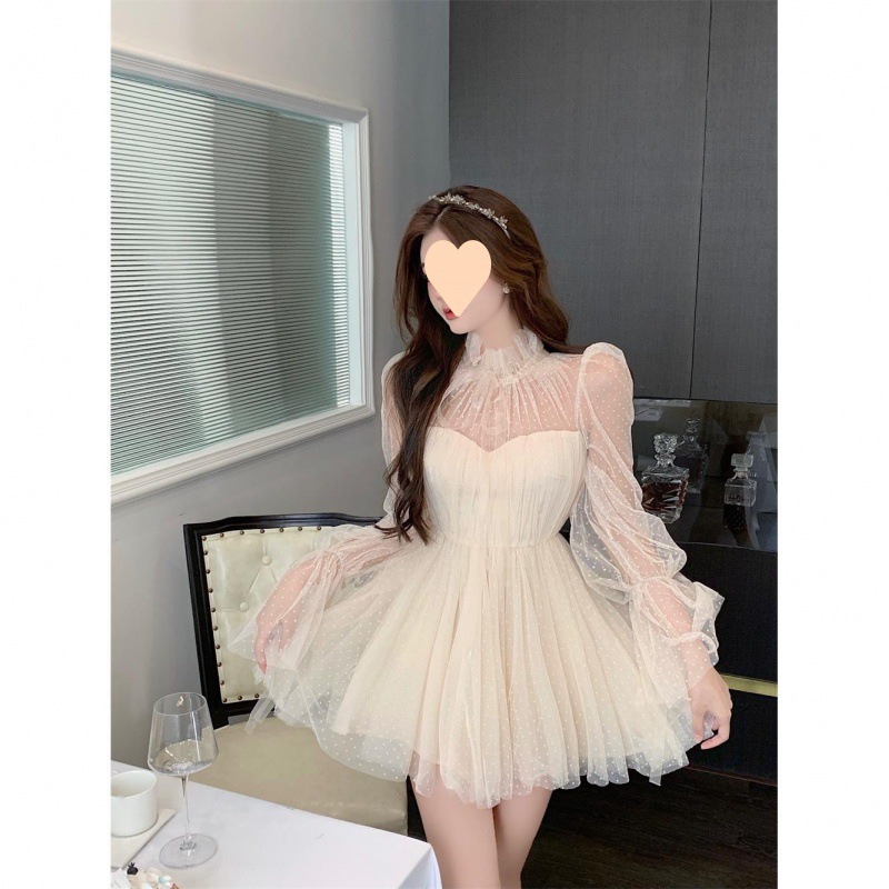 Maxct avant garde dress to impress Long Sleeve Polka Dot Mesh Stitching Tube Top Waist Slimming Pettiskirt Dress Women's Spring and Autumn New