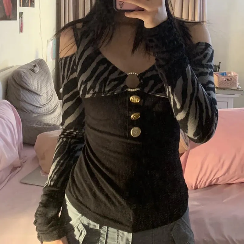 Maxct 2000s Retro Patchwork Long Sleeve Crop Top Hip Hop Harajuku T-shirt E-girl Punk Mall Grunge Emo Alt Clothes Women Pullovers Tees