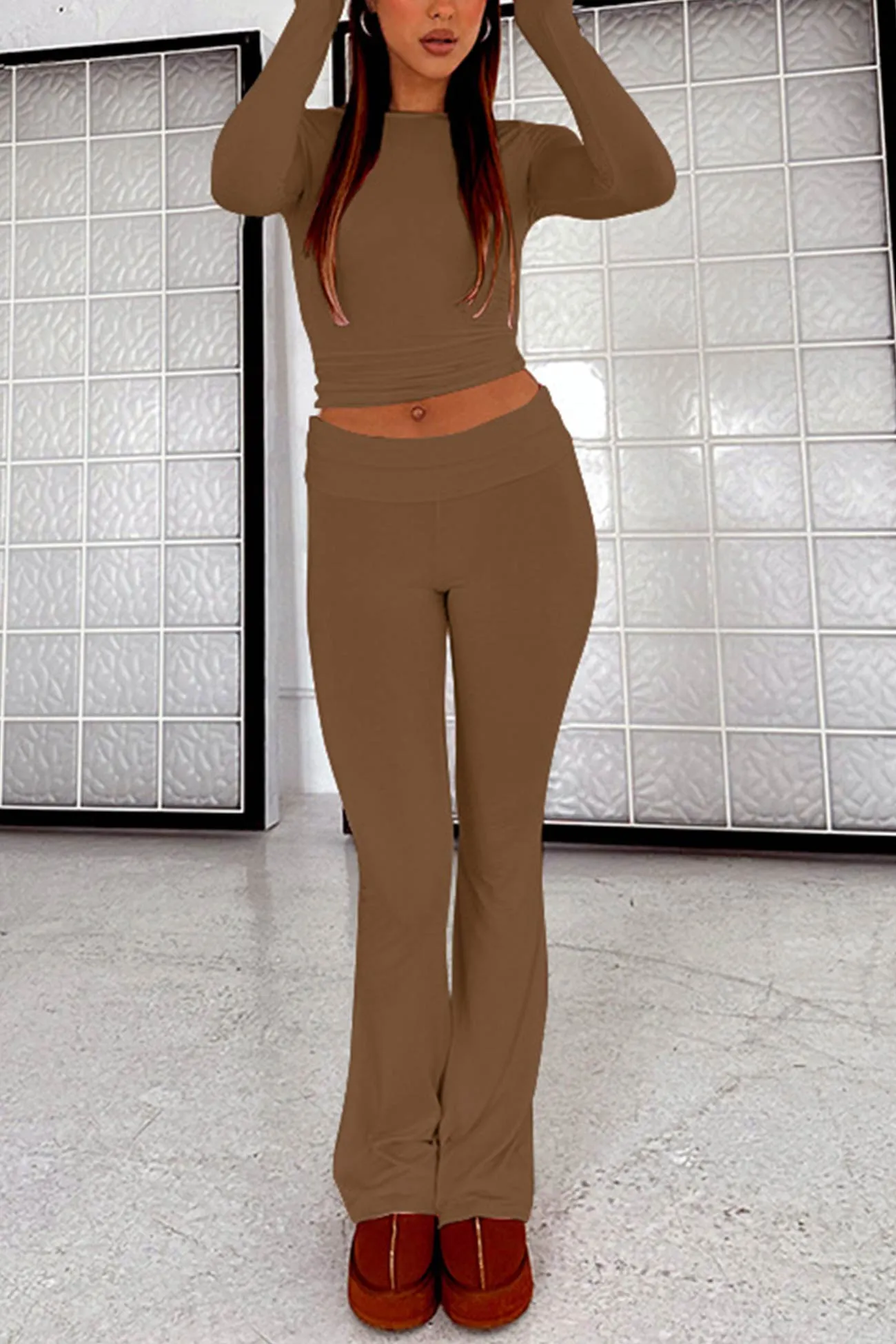 Maxct Solid Crop Top Flares Long Pants Set