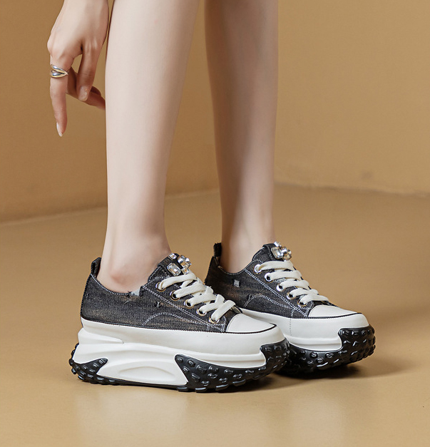 Blinged Out: 6cm Denim Leather Chunky Platform Sneakers - true deals club
