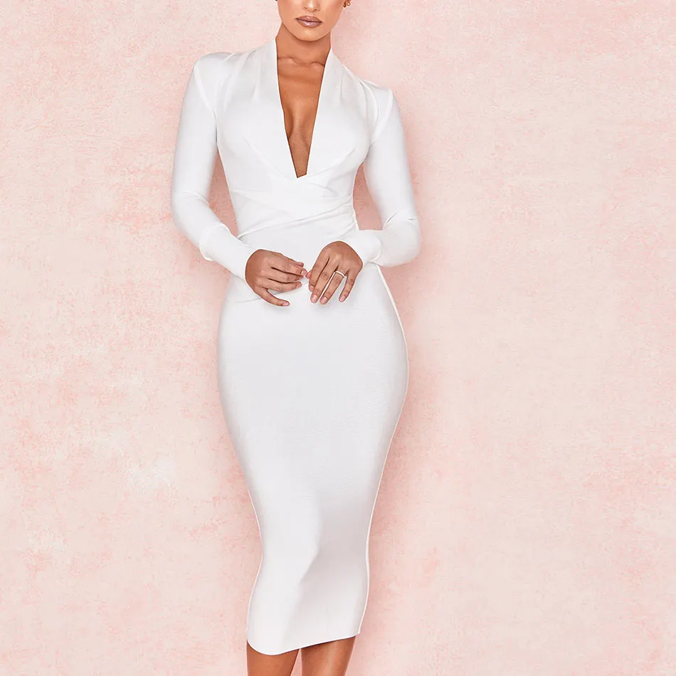 Maxct New Summer Deep V Neck Women Bandage Dress Sexy Full Sleeves Solid Celebrity Bodycon Club Evening Midi Party Dress Vestidos