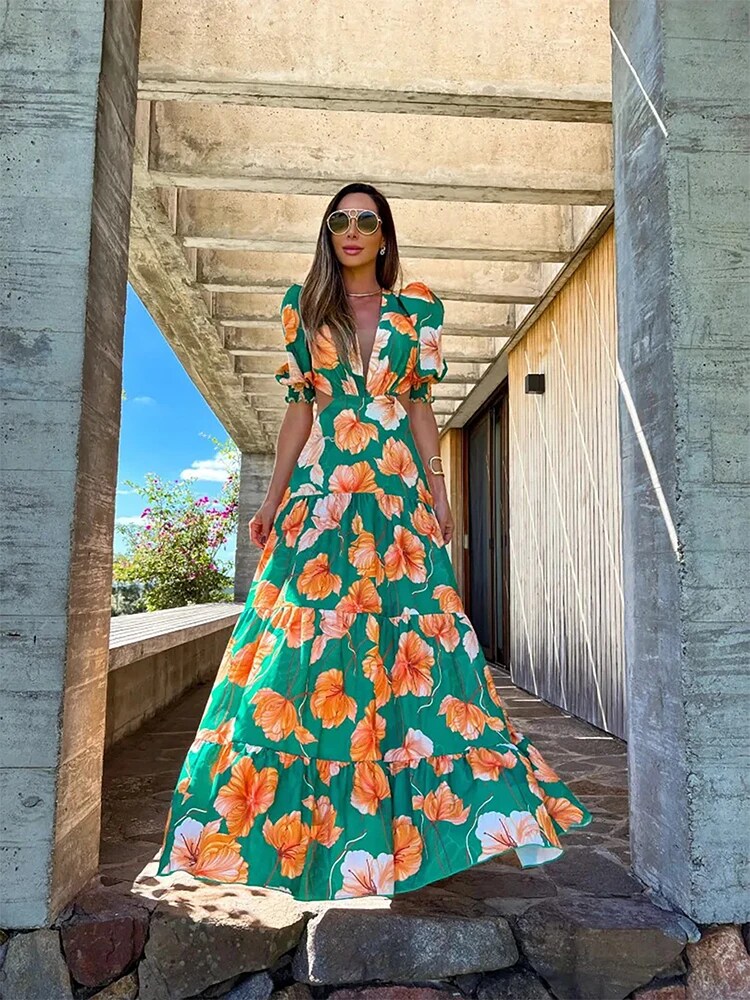Maxct New Ruffle Sleeveless Printed Skirt Ladies V Neck Elegant Long Dress Waist Slimming Temperament Robe