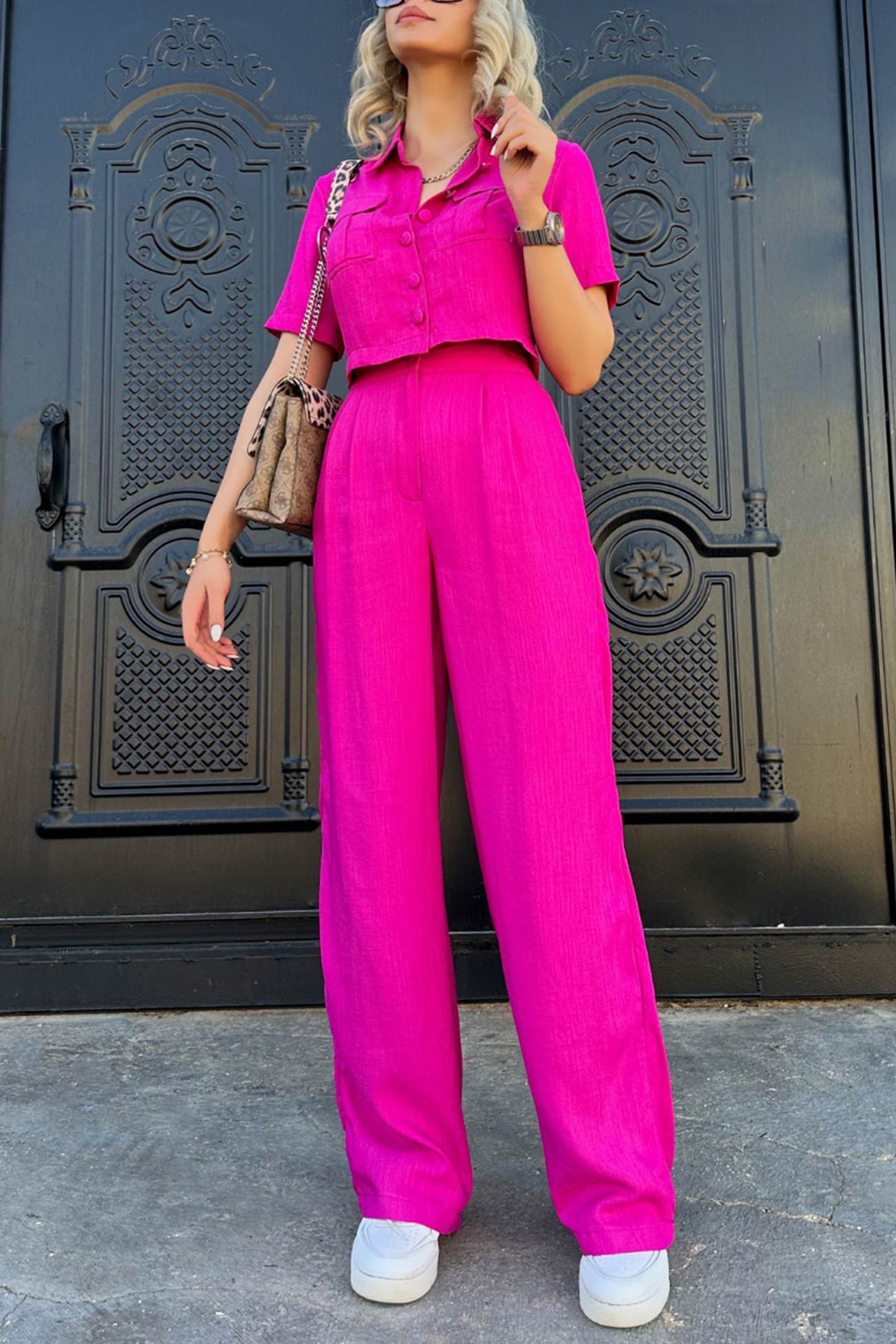 Maxct Solid Crop Blouse Long Pants Set