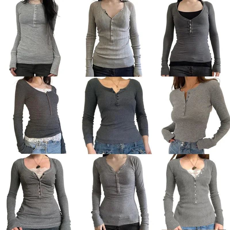 Maxct Vintage Gray Button Up Long Sleeve T-shirt Autumn Spring Ribbed Knitted Slim Fit Pullovers Tees Fairycore 00s Retro Y2K Tops