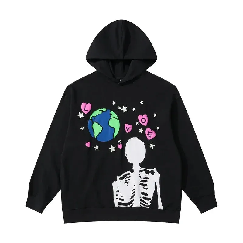 Cosmic Love Skeleton Hoodie Retro Street Vibes with Earthly Affection for Men Maxct