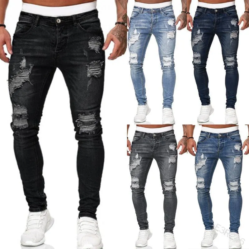 Men's Casual Ripped Skinny Jeans, Chic Street Style Stretch Denim Pants