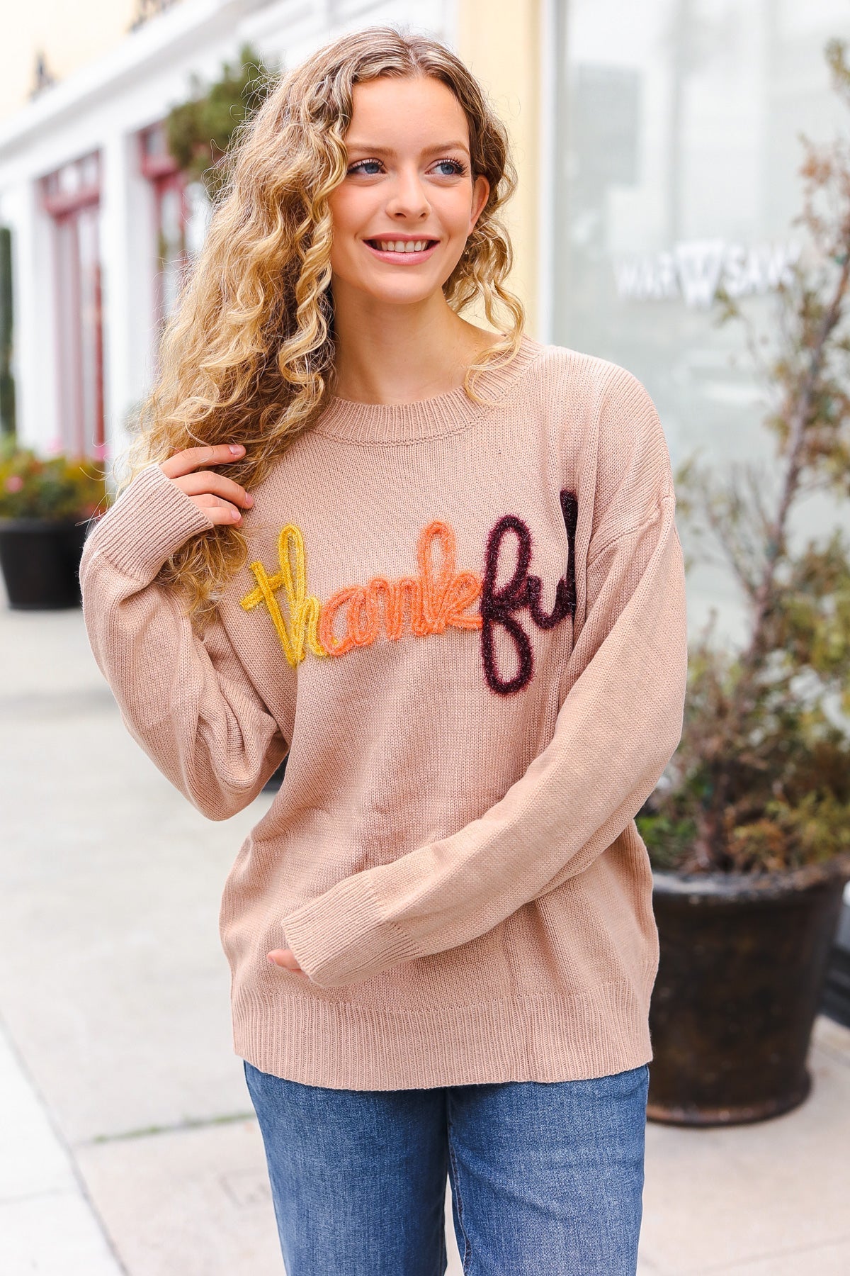 Maxct &Feeling Thankful Taupe Pop Up Glittery Embroidery Sweater