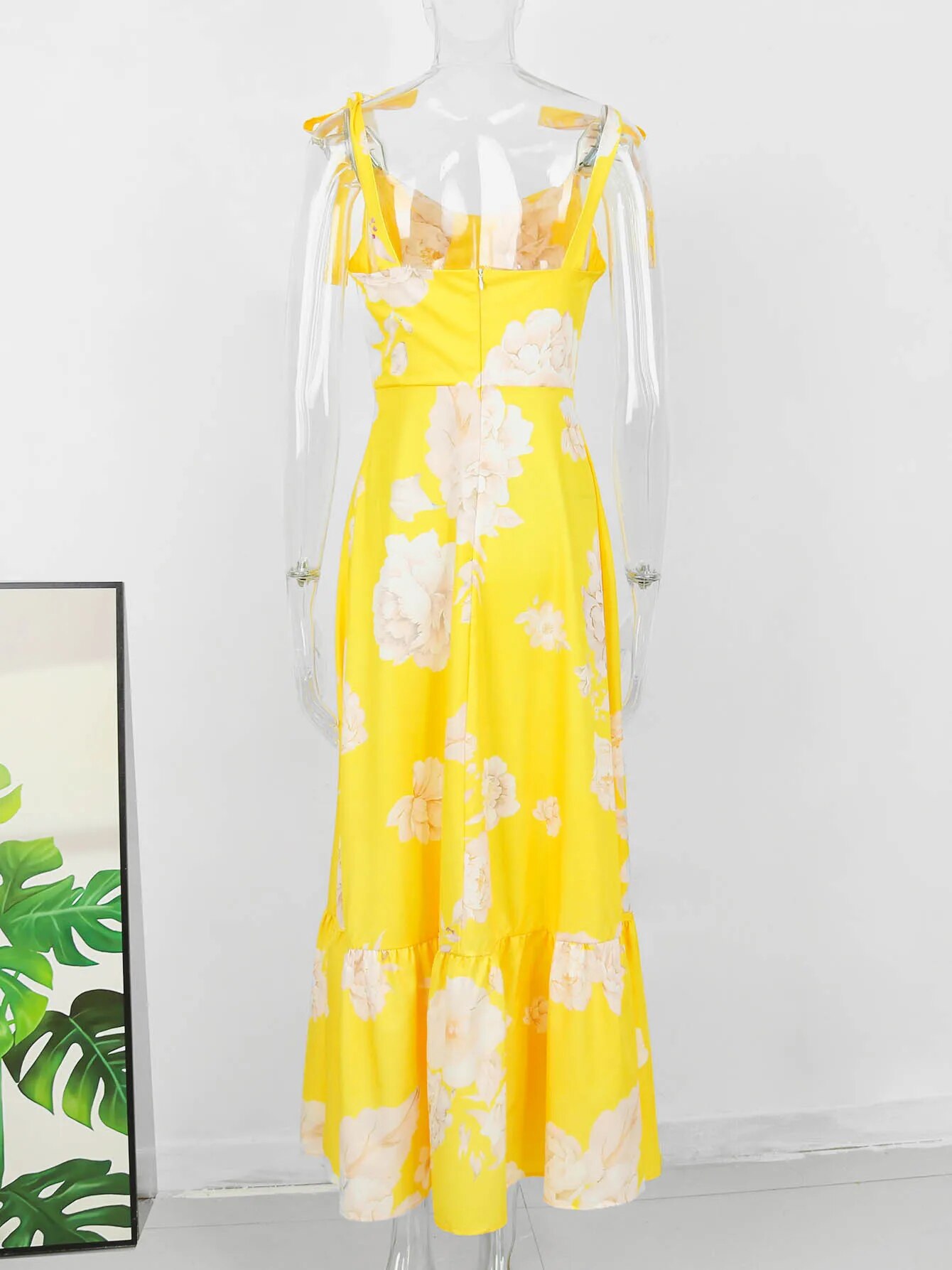 Maxct Floral Printed Yellow Dresses For Women Elegant Sleeveless Long Dress Holiday Lace Up Robe Summer Bodycon Vestidos Feminino