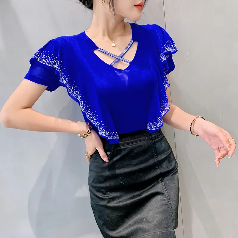 Maxct Ruffles Mesh T Shirts Women's Short Sleeve Fake Diamonds Crossed V Neck T-shirts Female Elegant Tops Tees BH6038