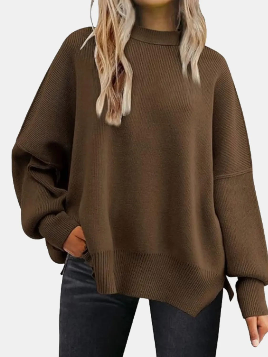 Maxct &Round Neck Drop Shoulder Slit Sweater