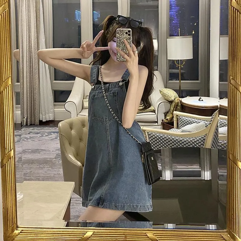Maxct Korean 2000s Fashion Denim Dresses for Large Women Plus Size Summer Casual Teen Strap Retro Jeans Loose Overall Dress Women