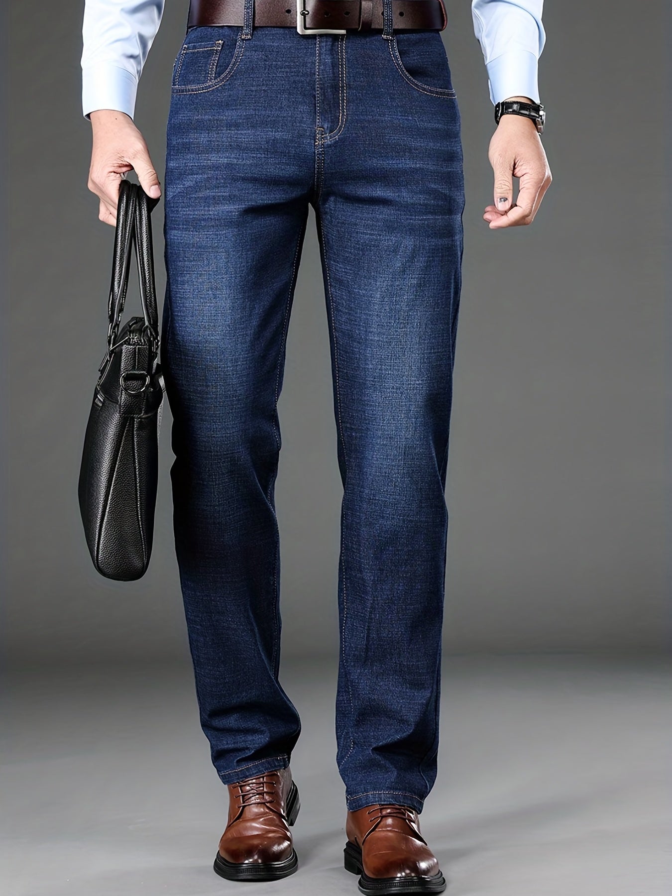 Slim Fit Straight Leg Jeans For Business, Men's Medium Stretch Comfy Casual Pants For Spring Fall