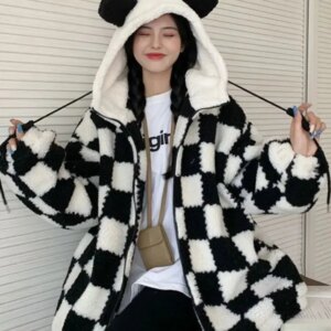 Checkered Cozy Bear Ears Zip-Up Hoodie for Women Maxct