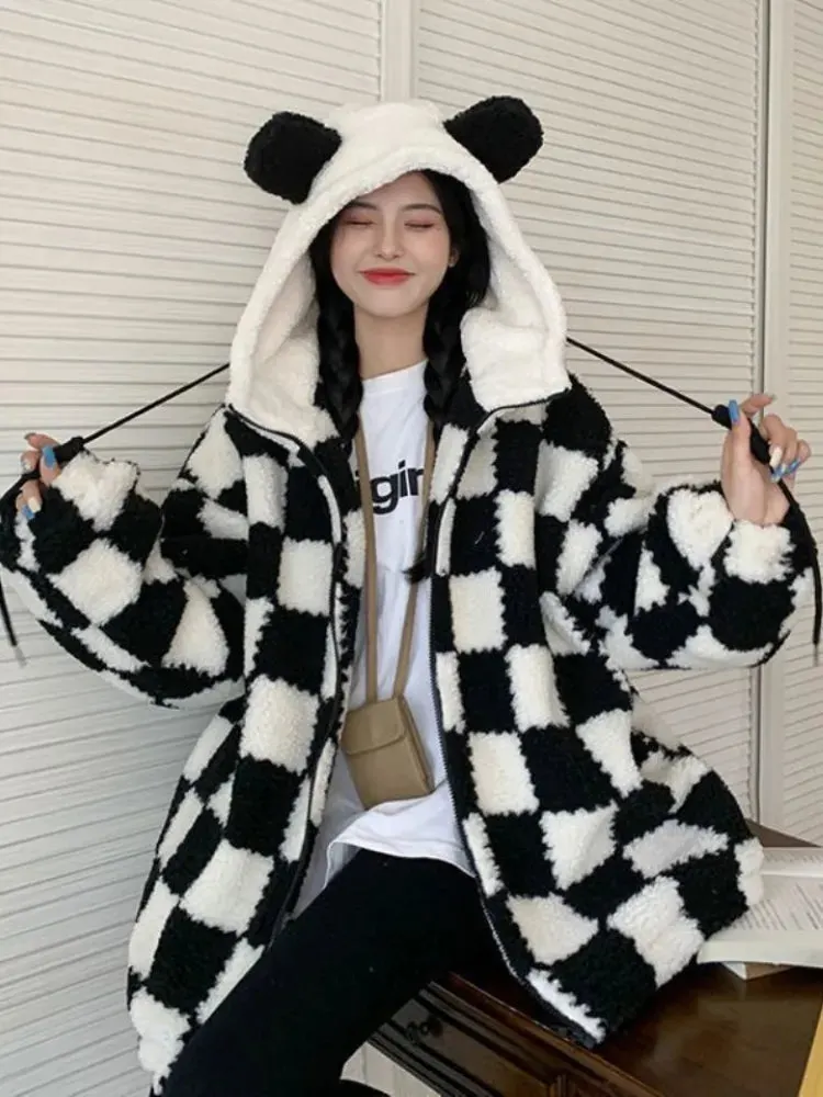 Checkered Cozy Bear Ears Zip-Up Hoodie for Women Maxct