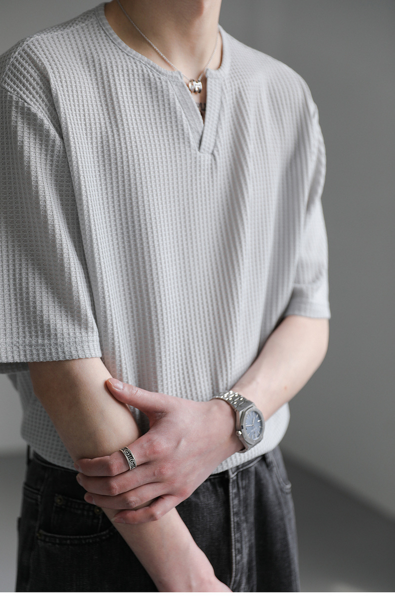90s Streetwear Summer New Korean Style Loose Small V-neck Short-sleeved T-shirt Men's Fashion Brand Wafflet High-end Sense Half-sleeved T-shirt Top